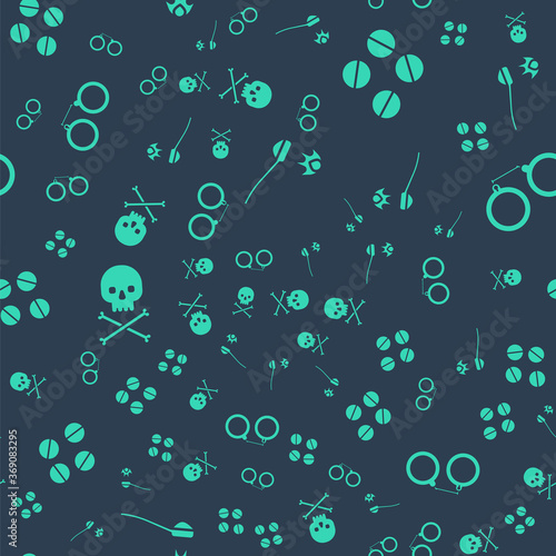 Set Heroin in a spoon, Medicine pill or tablet, Skull on crossbones and Handcuffs on seamless pattern. Vector.