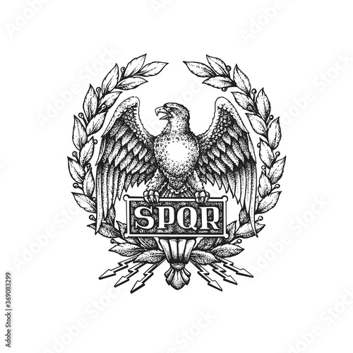 SPQR Symbol of the Roman Empire with Aquila Eagle and Laurel Wreath. Hand Drawn Vector Illustration