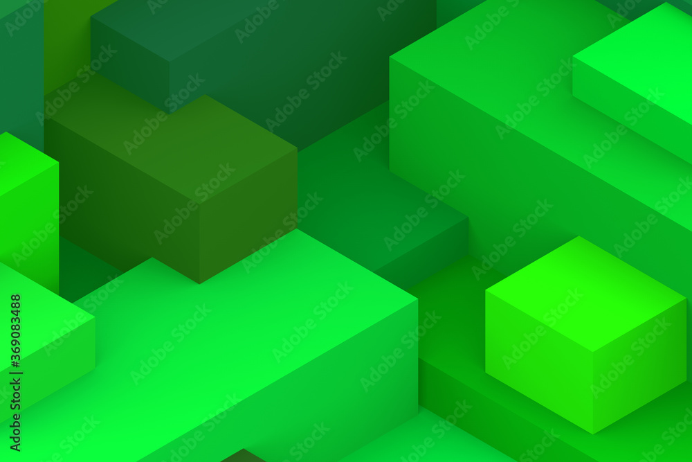 Fototapeta premium Abstract green geometric cubic dark color background. isometric 3d render.