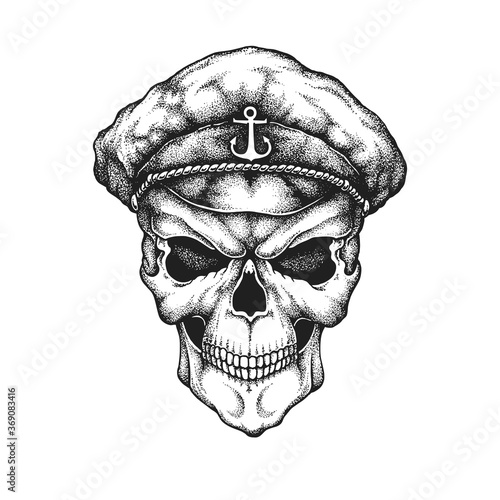 Pirate Sailor Skull in Captain Peaked Cap. Hand Drawn Vector Illustration