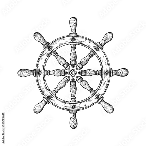 Wooden Ship Steering Wheel. Hand Drawn Vector Illustration
