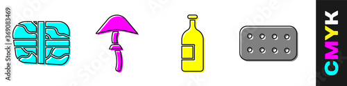 Set Package with cocaine, Psilocybin mushroom, Alcohol drink bottle and Pills in blister pack icon. Vector.