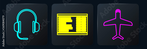 Set Isometric Headphones with microphone, Plane and Airport board icon. Vector.