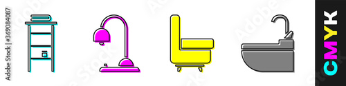 Set Bathroom rack with shelves for towels, Table lamp, Armchair and Washbasin with water tap icon. Vector.