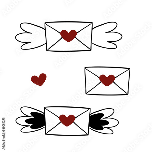Vector Envelopes set with wings, hearts elements