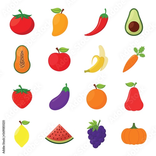 Natural tropical fruit icon vector illustration. Organic fruits or vegetarian food as tomato,  mangoes, chilies, avocado, papaya slices, apples, bananas, carrots, strawberries, eggplant, oranges, ect.