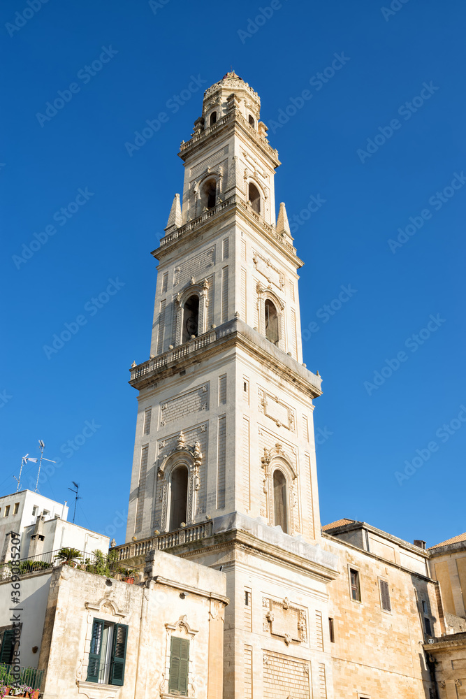 The cathedral bell tower in the city of Lecce in the Apulia region of Italy. The cathedral is dedicated to the Assumption of the Virgin Mary.