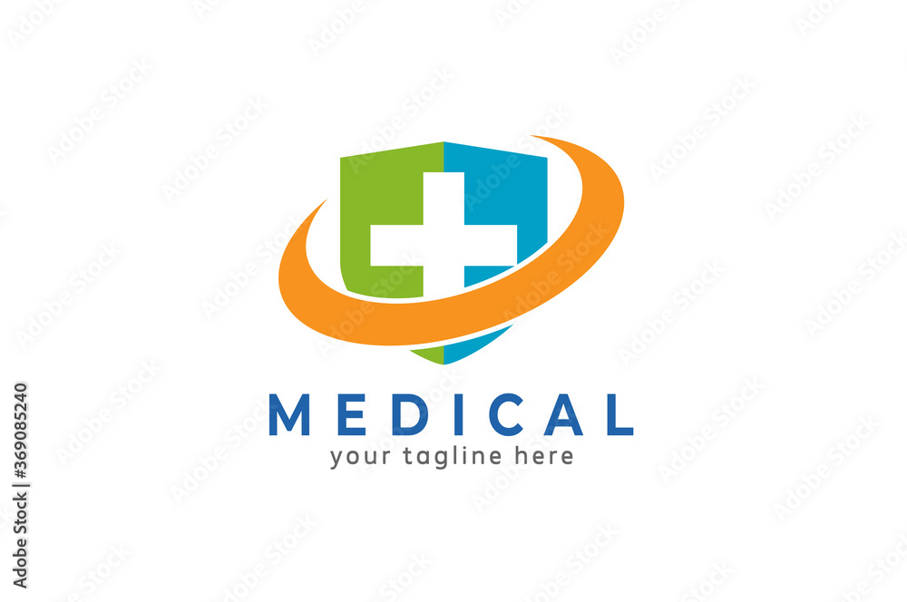 White cross sign in the blue and green shield with orange circle around, Flat Logo Design Template Element, vector illustration White cross sign in the blue and green shield with orange circle around, Flat Logo Design Template Element, vector illustration