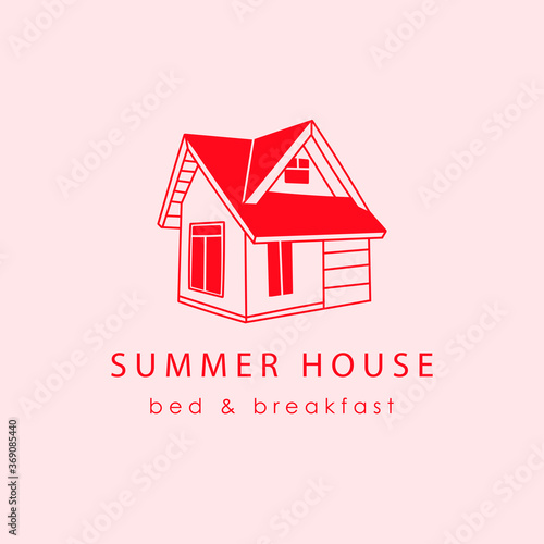 Summer house. Hand drawn red Vector Icon. Abstract logo Template. Design for real estate, construction company or interior design studio. Can be used for decor, property or housing business
