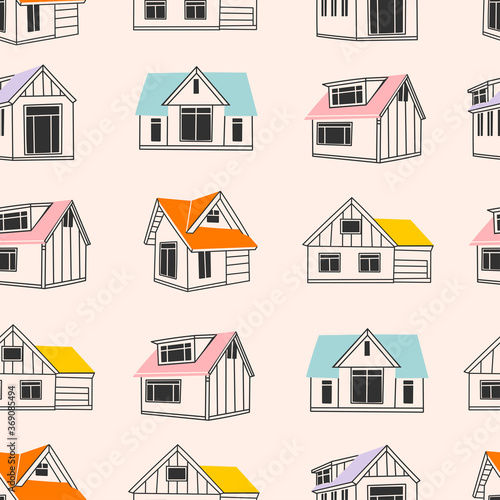 Various Outline Small and tiny houses. White walls, black windows. Colorful roofs. Different facades. Scandinavian style. Hand drawn Vector seamless Pattern. Background, Texture. Wallpaper