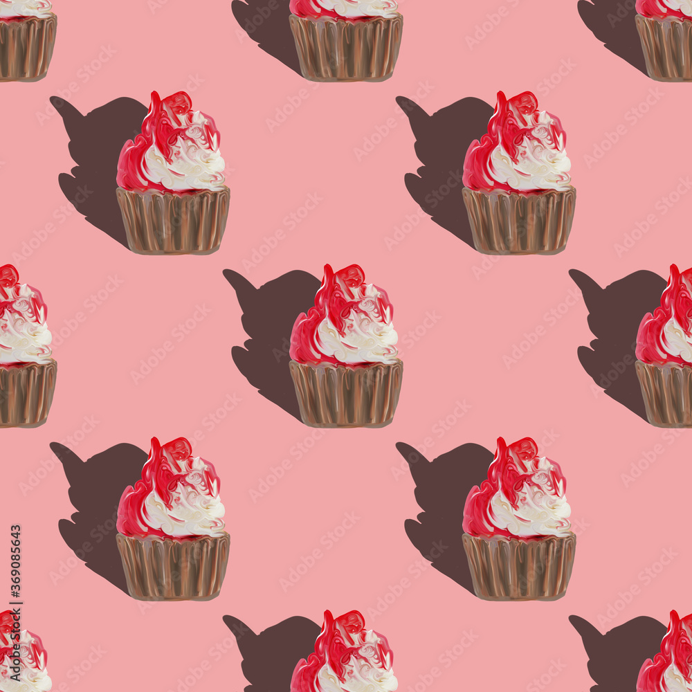 Seamless pattern with big cupcakes silhouettes, muffin sweet white cake and red on top painted with gouache on pink background. Texture with sweets for desktop wallpaper or culinary blog website Seamless pattern with big cupcakes silhouettes, muffin sweet white cake and red on top painted with gouache on pink background. Texture with sweets for desktop wallpaper or culinary blog website