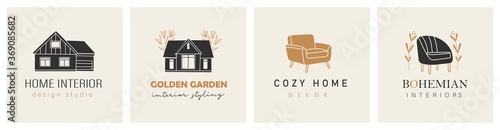 Set of four Logotypes. Hand drawn Vector Icons. Abstract logo Template. Design for real estate, construction company or interior design studio. Can be used for decor, property or housing business