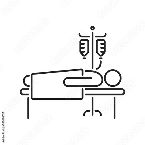 Man in hospital ward with dropper black line icon. Postoperative therapy. Isolated vector element. Outline pictogram for web page, mobile app, promo.