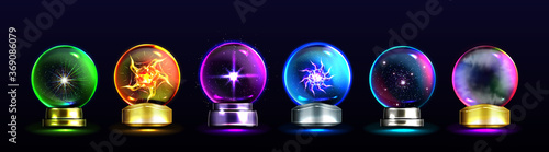 Magic crystal balls for fortune telling and future prediction, glowing glass orbs with plasma and mystical fog inside, isolated fantasy globes for clairvoyant witchcraft, Realistic 3d vector icons
