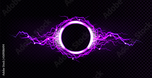 Electric lightning circle with purple glow effect. Illuminated neon round frames. Vector realistic digital ring with sparking electrical discharge isolated on transparent background