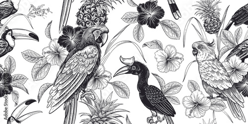 Tropical floral seamless pattern. Leaves and flowers hibiscus, birds parrots and toucans