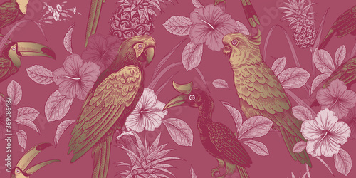 Exotic birds parrots and toucans. Tropical leaves and flowers. Luxury tropical pattern.
