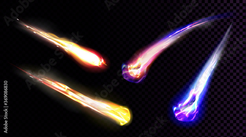 Falling comets, asteroids or meteors with flame trail isolated on transparent background. Vector realistic set of flying glowing meteorites from space, fireballs burning in Earth atmosphere