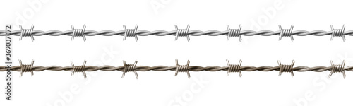 Wire barb, prison cell seamless border, jailhouse, old rusty and new barbwire fence. Boundary, territory defense steel barrier isolated on white background Realistic 3d vector illustration