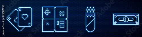 Set line Quiver with arrows, Playing cards, Treasure map, Stacks paper money cash and Wild west saddle. Glowing neon icon on brick wall. Vector.