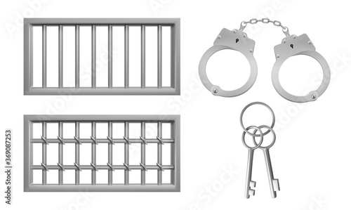 Steel lattice for prison windows, handcuffs and keys. Jail grid and manacles stuff for criminals and prisoners incarceration punishment isolated on white background. Realistic 3d vector illustration