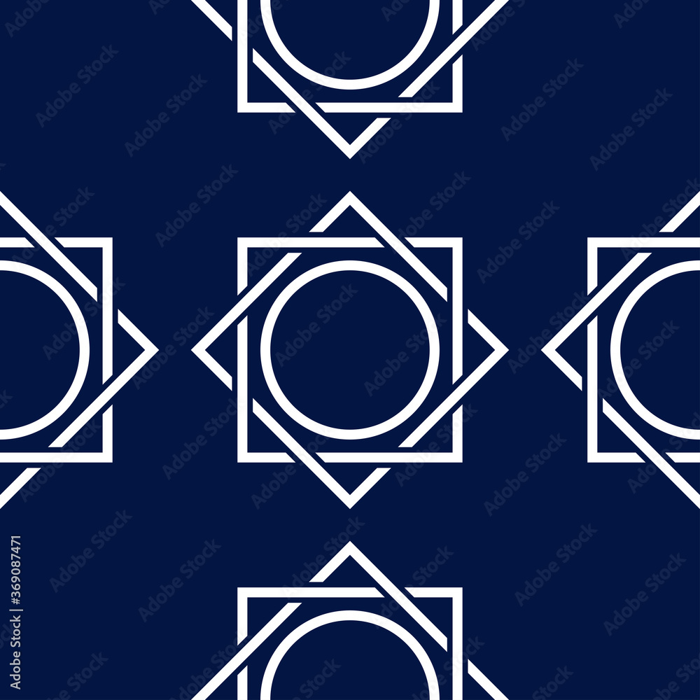 Geometric seamless pattern. White ornament on dark blue background. Geometric seamless pattern. White ornament on dark blue background.