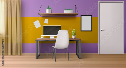 Room interior, workplace with computer on desk, seat and shelves. Empty home or office inner design with white door, curtains on window, picture on wall, potted plants Realistic 3d vector illustration