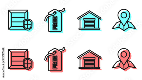 Set line Warehouse, Delivery pack security with shield, Price tag with Free and Placeholder on map paper icon. Vector.