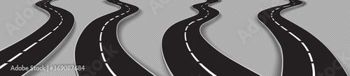 Road, winding highway isolated on transparent background. Journey two lane curve asphalt pathway going into the distance. Route direction and navigation signs for map, Realistic 3d vector icons set