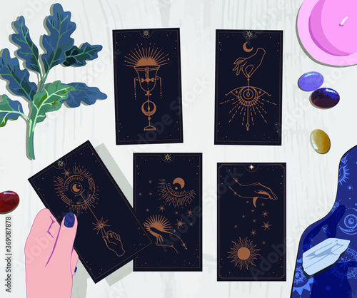 A session with a fortune teller with tarot cards, drink coffee and wait on arcane cards at the mystical guide, moon and sun tarot cards, Hands set in simple flat esoteric boho style. gold and pink 