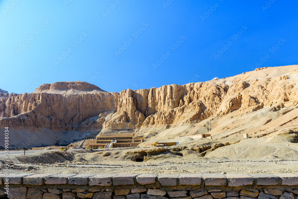 View on a temple of Hatshepsut under the high cliffs in Luxor, Egypt