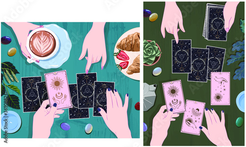 A session with a fortune teller with tarot cards, drink coffee and wait on arcane cards at the mystical guide, moon and sun tarot cards, Hands set in simple flat esoteric boho style. gold and pink 