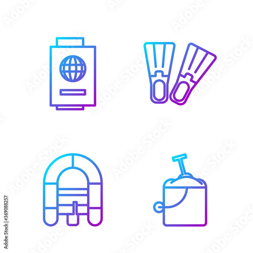 Set line Sand in bucket with shovel, Rafting boat, Passport with ticket and Rubber flippers. Gradient color icons. Vector.