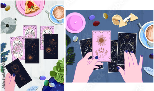 A session with a fortune teller with tarot cards, drink coffee and wait on arcane cards at the mystical guide, moon and sun tarot cards, Hands set in simple flat esoteric boho style. gold and pink and
