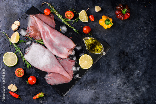 Two fresh squid carcasses with fresh vegetables, lime, sprigs of razmaorrin, spices, olive oil on a dark background. Place for text