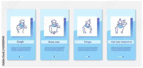 Seasonal flu and infection disease symptoms onboarding mobile app page screens. Cough, runny nose, fatigue and high body temperature step menu. Set of UI, UX, web template, RGB color linear icons.