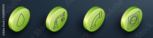 Set Isometric Water drop, Water tap, Industry metallic pipe and Manhole sewer cover icon. Vector.