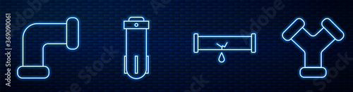 Set line Broken pipe with leaking water, Industry metallic pipe, Water filter and Industry metallic pipe. Glowing neon icon on brick wall. Vector.