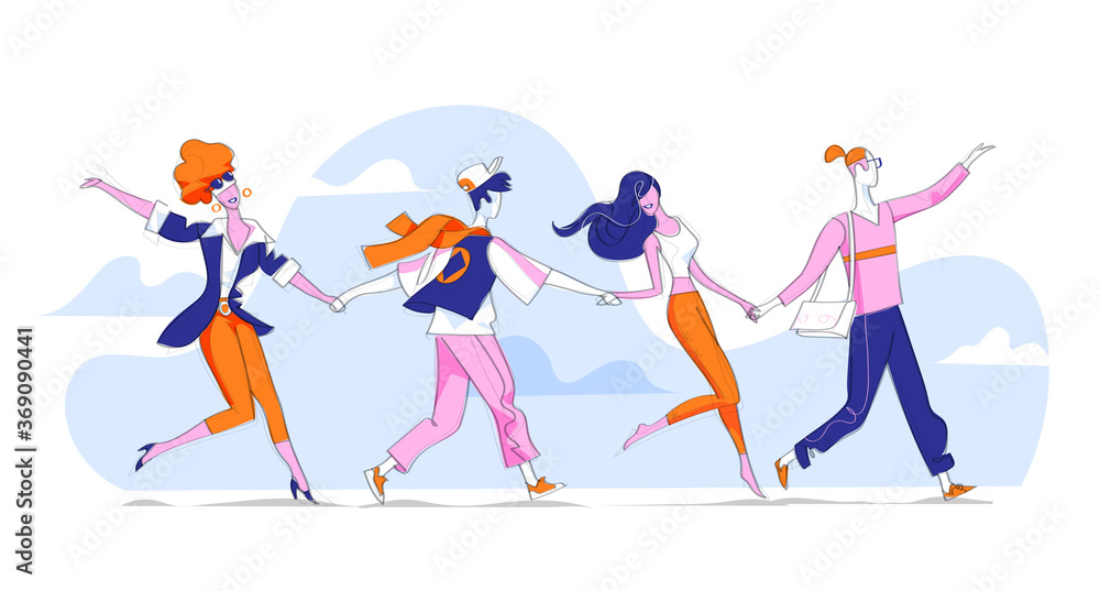Un gruppo di amici, uomini e donne felici si tengono per mano e ballano