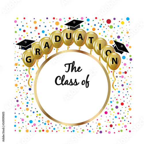 Graduation hats gold balloons and confetti party celebration symbol educational icon. The class of text word vector logo image design template