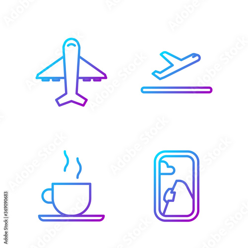 Set line Airplane window, Coffee cup, Plane and Plane takeoff. Gradient color icons. Vector.
