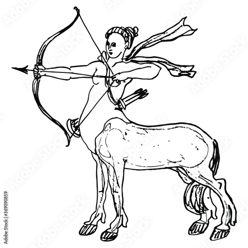 Archer Centauride or centauress. Female centaur shooting a bow and arrow. Fantastic creature. Half horse half woman. Hand drawn linear sketch. 
Black silhouette on white background.