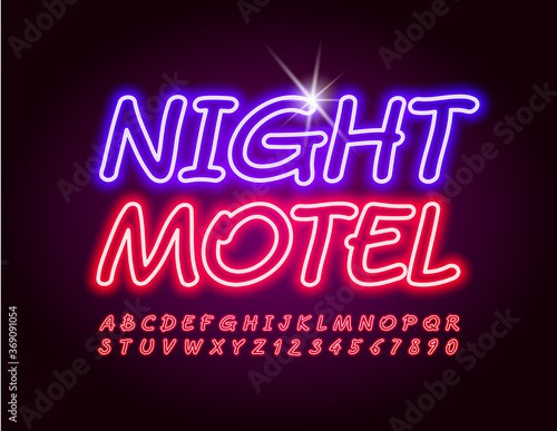 Vector bright logo Night Motel. Red Neon Font. Glowing electric Alphabet Letters and Numbers set
