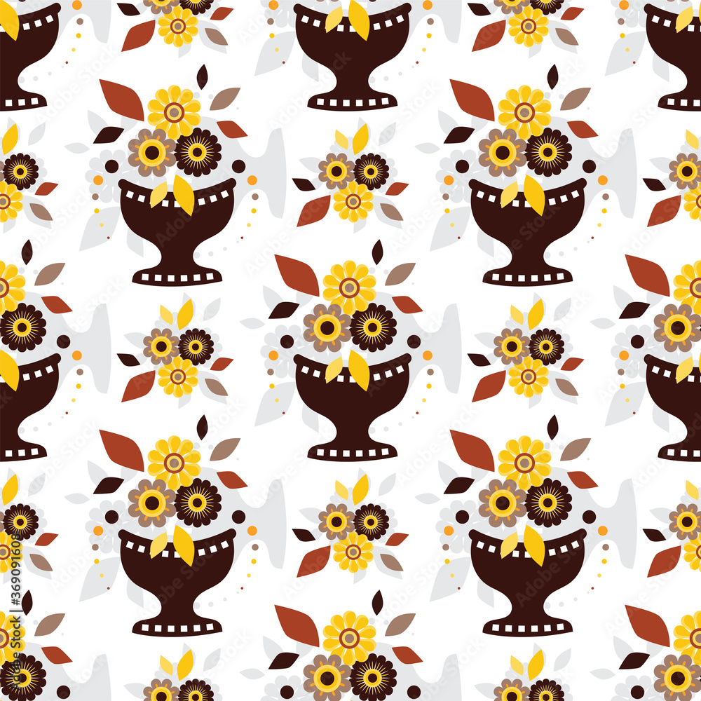 Fototapeta premium Vector endless seamless pattern. Illustration of stylized vase with flowers. Flat style flowers, leaves, petals. Elements for design isolated on white background