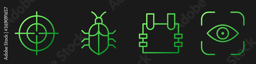 Set line Bulletproof vest, Target sport, System bug concept and Eye scan. Gradient color icons. Vector.