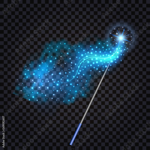 Magic wandwith fantasy light effect. Magic blue glowing light and sparkles, star dust trail. Isolated object on transparent background, vector illustration photo