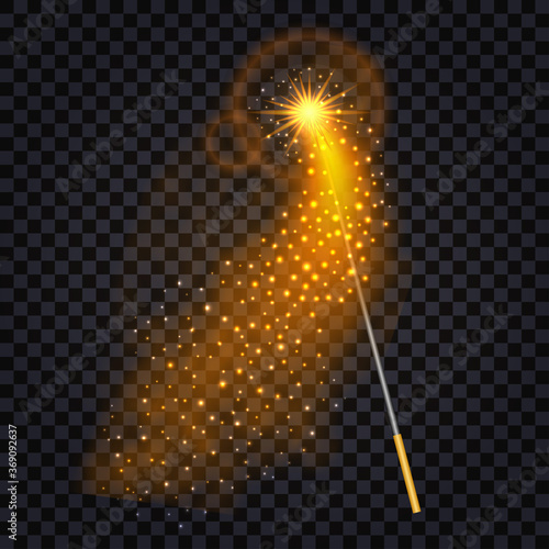 Magic wand with fire trail light effect. Glowing glitter star dust, shiny particles. Isolated object for magic fantasy. Vector illustration