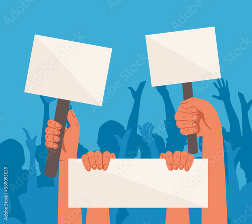 hands with protests placards, holding banners, activist with strike manifestation sign, human right concept