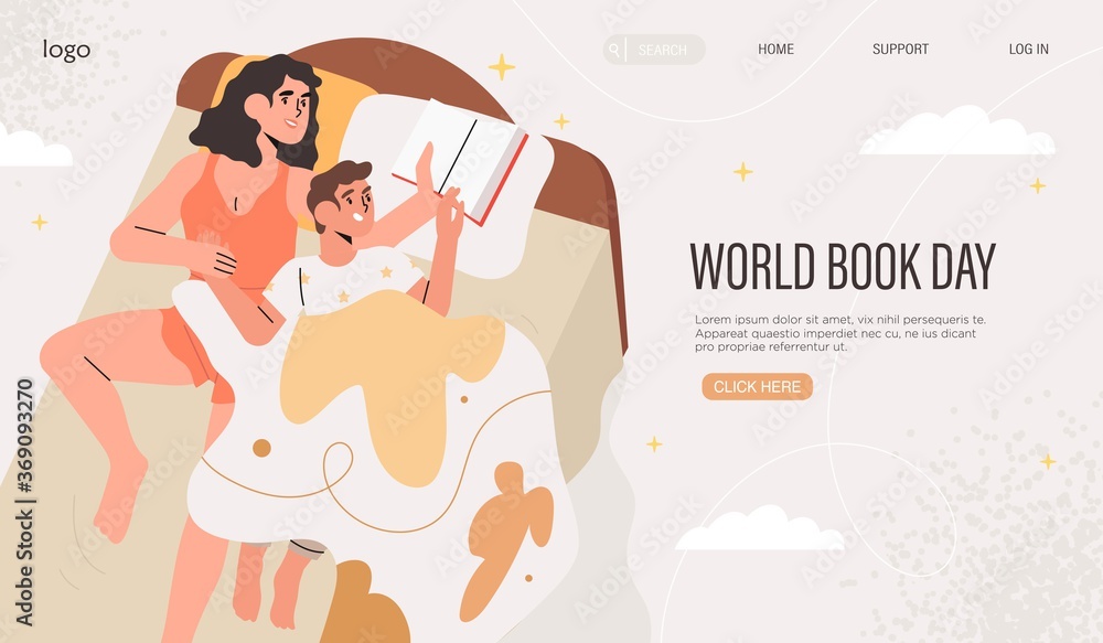 Mother reading book to her child before going to bed. Mom and son reading fairytale together in bed. World book or reading day, world literacy day celebration banner, web page, social media post. Mother reading book to her child before going to bed. Mom and son reading fairytale together in bed. World book or reading day, world literacy day celebration banner, web page, social media post.