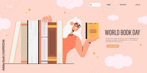 Smart woman or teacher in glasses hold a book and hide behind a pile of books. World book reading or literacy day banner, web page, social media post. Book market or fair concept. Online reading.